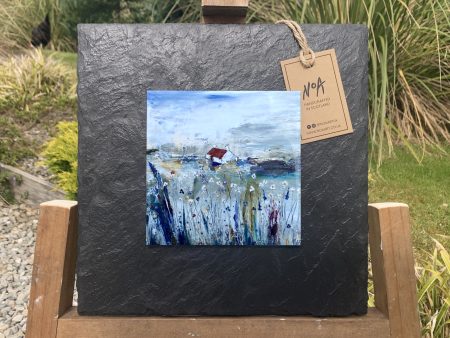 Slate mounted ceramic tile wall art print of blue and red Scottish landscape painting featuring Highland glen, tin roof bothy cottage and wild flowers