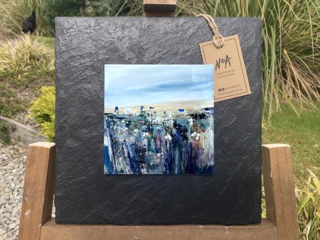 Slate mounted ceramic tile wall art print of blue and yellow Scottish landscape painting featuring Highland glen, bothy cottage and wild flowers