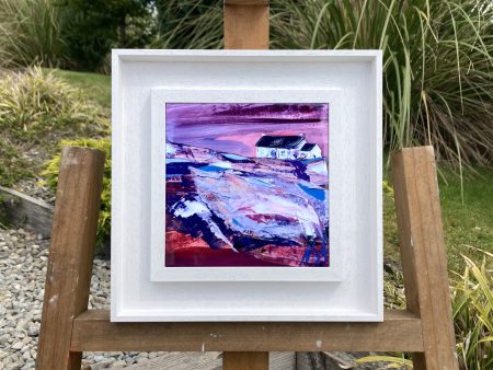 Framed ceramic tile wall art print of purple Scottish landscape painting featuring Highland glen and stone bothy cottage