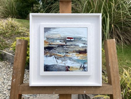 Framed ceramic tile wall art print of Scottish landscape painting featuring Highland glen and stone bothy cottage