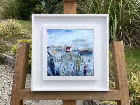 Framed ceramic tile wall art print of Scottish landscape painting featuring Highland glen and stone bothy cottage among wild flowers