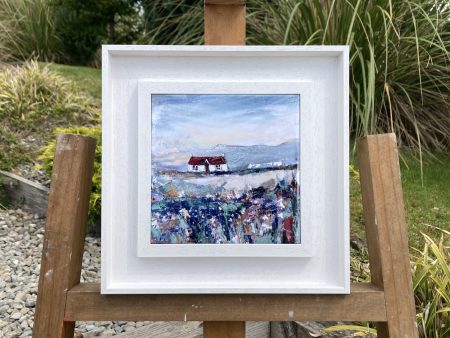Framed ceramic tile wall art print of Scottish landscape painting featuring Highland glen and stone bothy cottage