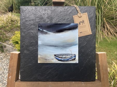 Slate ceramic tile wall art print of Scottish coastal landscape painting featuring yellow sandy beach, blue sweeping sky and boat