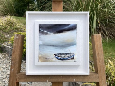 Framed ceramic tile wall art print of Scottish coastal landscape painting featuring yellow sandy beach, blue sweeping sky and boat