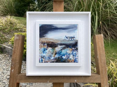 Framed ceramic tile wall art print of Scottish landscape painting featuring Highland glen and stone bothy cottage