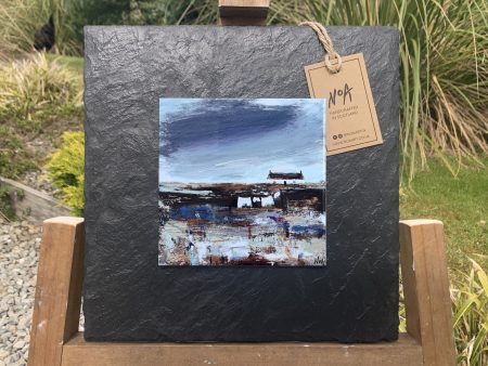 Slate mounted ceramic tile wall art print of purple, grey, yellow and black Scottish landscape painting featuring Highland glen and bothy cottage featuring washing line