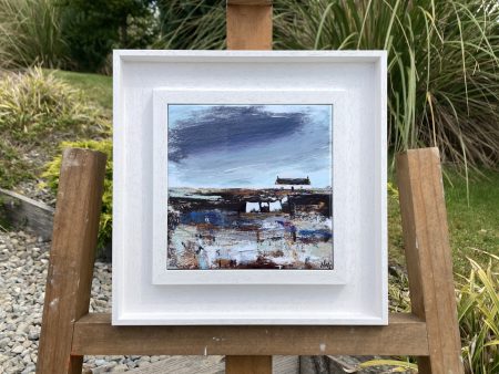 Framed ceramic tile wall art print of Scottish landscape painting featuring Highland glen and stone bothy cottage
