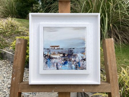 Framed ceramic tile wall art print of Scottish landscape painting featuring Highland glen and stone bothy cottage