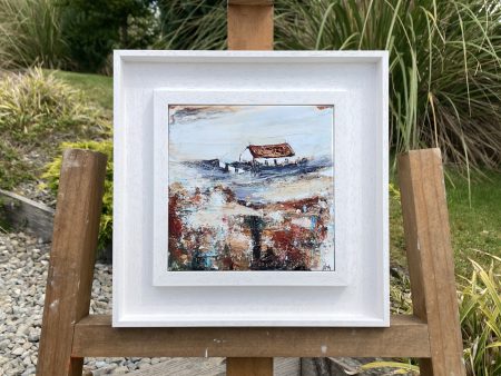 Framed ceramic tile wall art print of Scottish landscape painting featuring Highland glen and stone bothy cottage