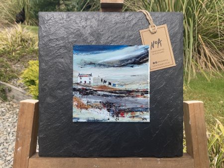 Slate mounted ceramic tile wall art print of Scottish landscape painting featuring Highland glen and bothy cottage featuring washing line