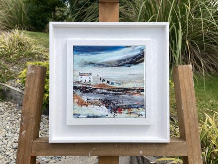 Framed ceramic tile wall art print of blue grey Scottish landscape painting featuring Highland glen, stone bothy cottage, washing line, sweeping skies