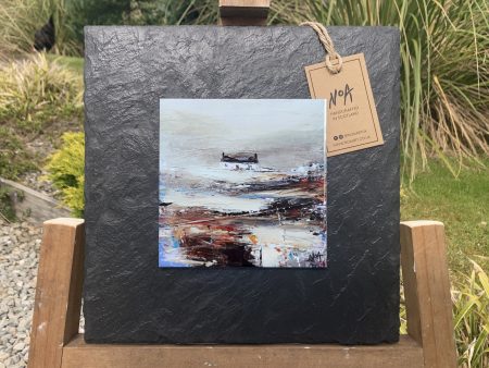 Slate mounted ceramic tile wall art print of foggy grey, brown and black Scottish landscape painting featuring Highland glen and bothy cottage