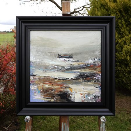 Original painting of scottish bothy and foggy landscape purple, red and grey colour scheme in black frame