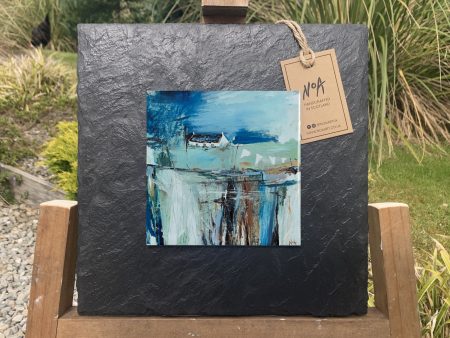 Slate mounted ceramic tile wall art print of blue and brown Scottish landscape painting featuring Highland glen and stone bothy cottage