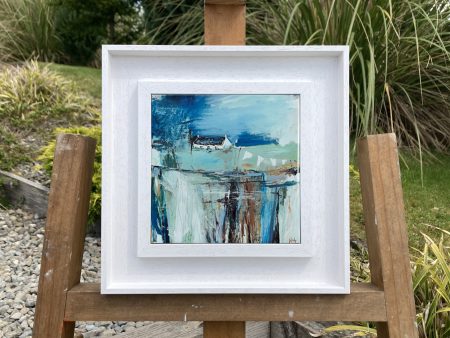 Framed ceramic tile wall art print of brown, blue and green Scottish landscape painting featuring Highland glen and stone bothy cottage