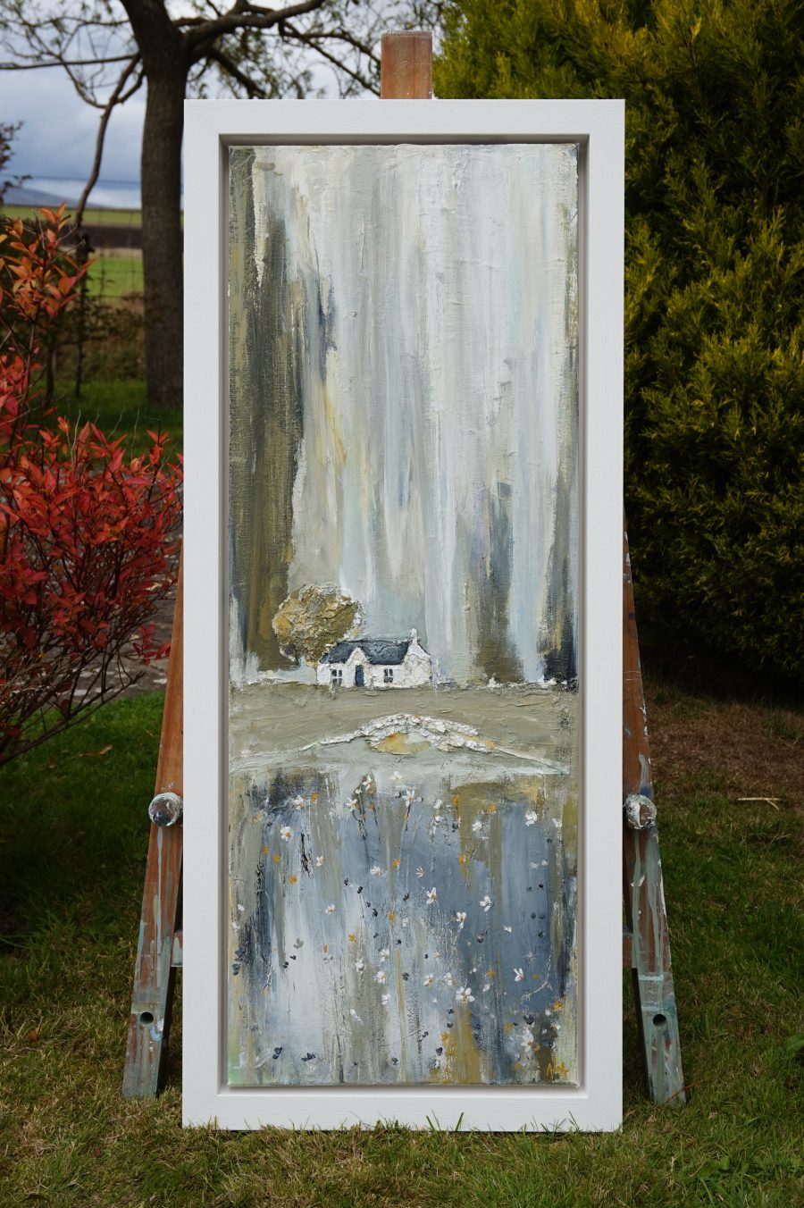 Original acrylic on canvas painting in white frame of the Jigger Inn Pub in St Andrews