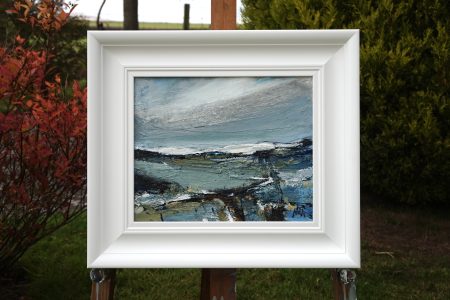 Original acrylic on canvas painting in white frame of Scottish highland snowy glen landscape. Blue black and white colour palette