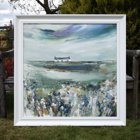 Original acrylic on canvas painting Spring Days of Scottish Landscape and bothy, purple blue and green with flowers