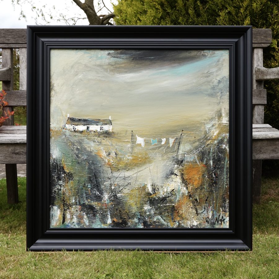 Original acrylic on canvas painting whistling wind of scottish glens landscape with washing line. Grey, orange and blue palette